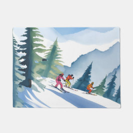 Laten we gaan skiën | Winter watercolor schilderij Deurmat