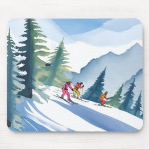 Laten we gaan skiën   Winter Watercolor Schilderij Muismat