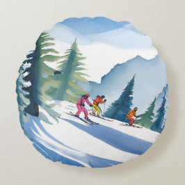 Laten we gaan skiën | Winter Watercolor Schilderij Rond Kussen