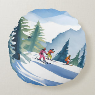 Laten we gaan skiën   Winter Watercolor Schilderij Rond Kussen