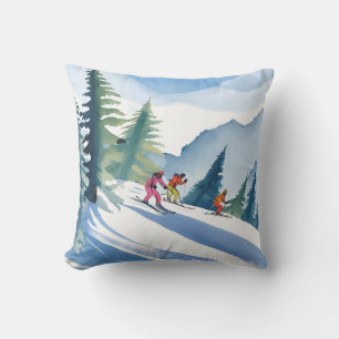 Laten we gaan skiën   Winter watercolor schilderin Kussen