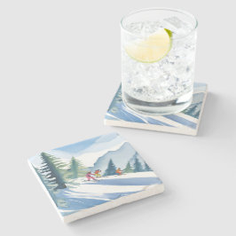 Laten we gaan skiën | Winter watercolor schilderin Stenen Onderzetter