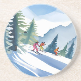 Laten we gaan skiën | Winter watercolor schilderin Zandsteen Onderzetter