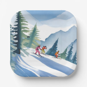 Laten we gaan skiën   Winter Waterverf Papieren Bordje
