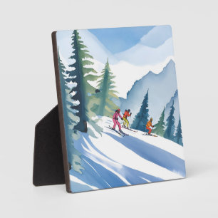 Laten we gaan skiën Winter waterverfschilderij Fotoplaat