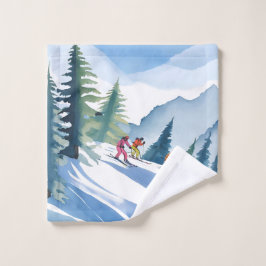 Laten we gaan skiën | Winter waterverfschilderij Washandje