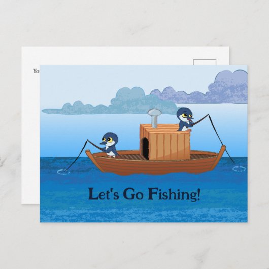 Laten we gaan vissen - schattige pinguïn cartoon k briefkaart (Voorkant / Achterkant)