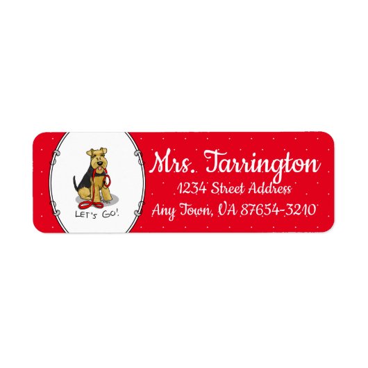 Laten we gaan! Welsh Terrier Dog met red leash Fun Etiket (Voorkant)