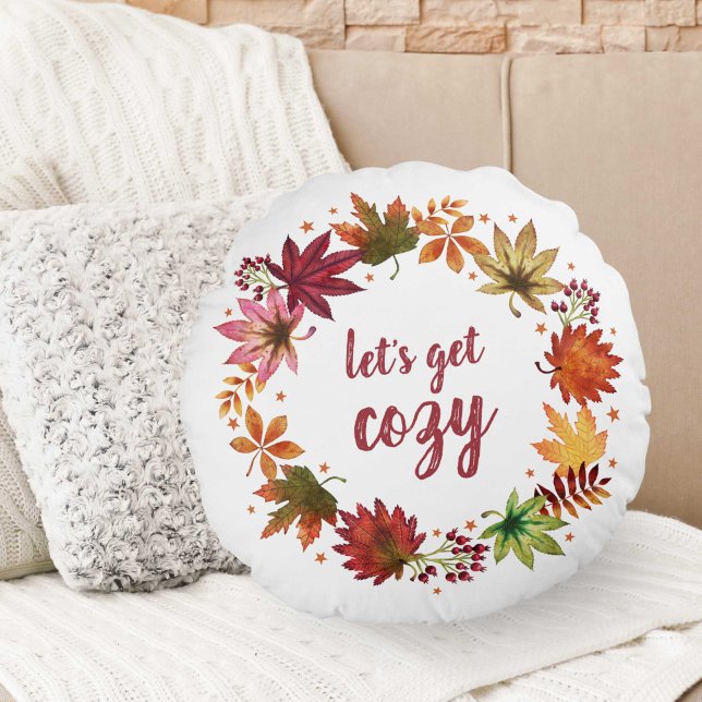 Laten we Gezellige Herfst Herfst Bladeren Oogst Kr Rond Kussen (Let's Get Cozy Autumn Fall Leaves Harvest Wreath Round Pillow)