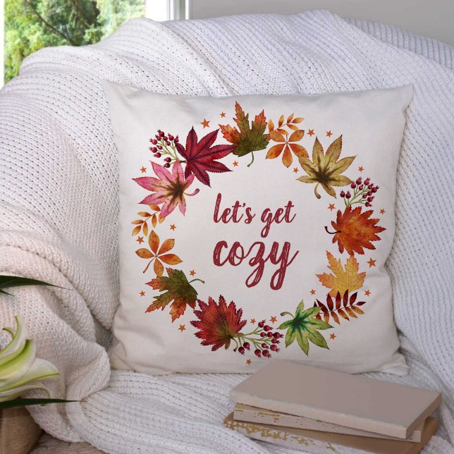 Laten we Gezellige Herfst Oogst Fall Bladeren Kran Kussen (Let's Get Cozy Autumn Harvest Fall Leaves Wreath Throw Pillow)