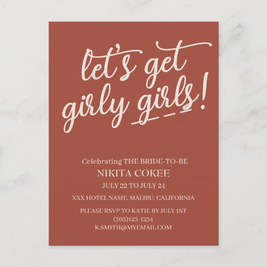 Laten we Girly Terracotta Bachelorette Weekend hal Briefkaart (Voorkant)
