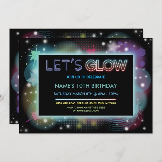 Laten we gloed Birthday Party Neon Blue Party uitn Kaart (Voorkant / Achterkant)