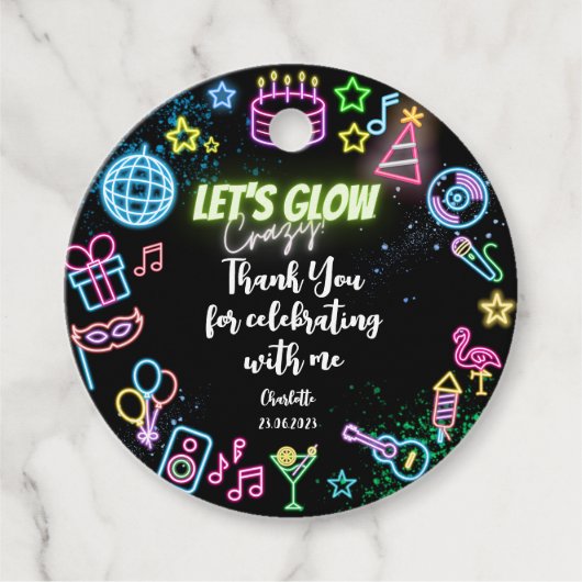 Laten we gloeien gek neon verjaardag dank je bedankjes labels (Voorkant)