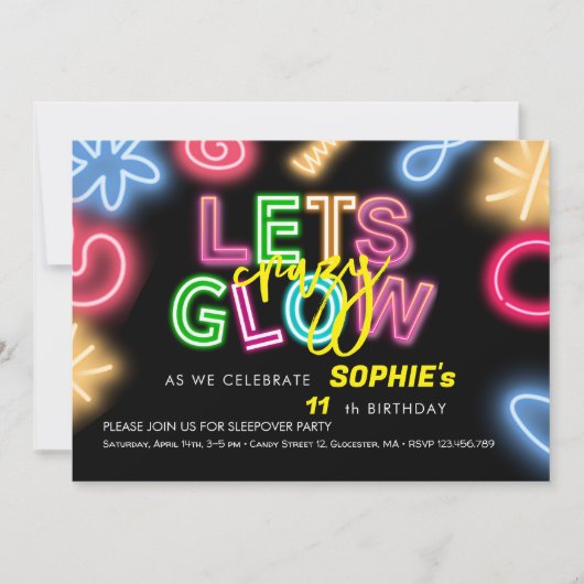 Laten we gloeien gek neon verjaardag laser party kaart (Voorkant)