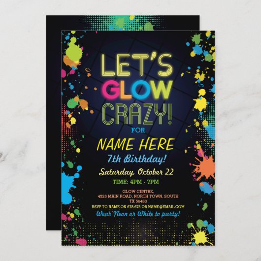 Laten we Glow Crazy verjaardag Neon verf uitnodigi Kaart (Voorkant / Achterkant)