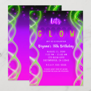 Laten we Glow Paars Pink Neon Green Sweet 16 Party Kaart