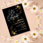 Laten we Gold Bokeh Gradient Black verjaardag vier Kaart<br><div class="desc">Een moderne,  stijlvolle en glamoureuze uitnodiging voor elk verjaardagsfeestje van de leeftijd. Dit ontwerp is voorzien van een levendige typografie "Let's Celebrate" met een gouden verloopbokeh op een zwarte achtergrond. Personaliseer en voeg uw feestdetails toe. Maak van uw mijlpaal verjaardag een bijzonder evenement!</div>