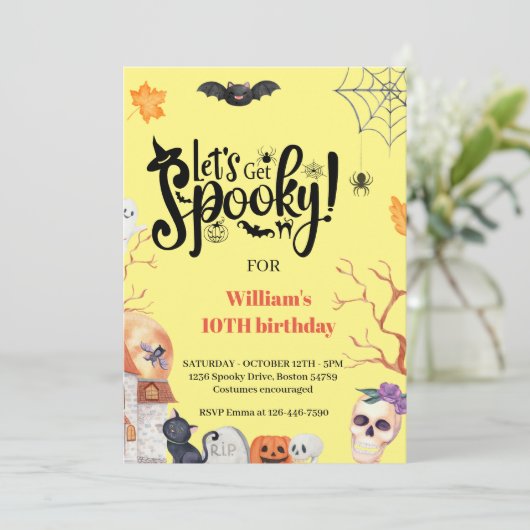 Laten we griezelig leuk Kinder Halloween verjaarda Kaart (Staand voorkant)