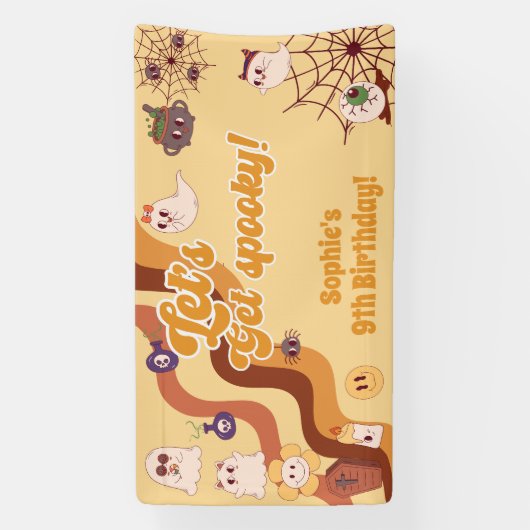 Laten we griezelige Halloween retro kinderen verja Spandoek (Verticaal)