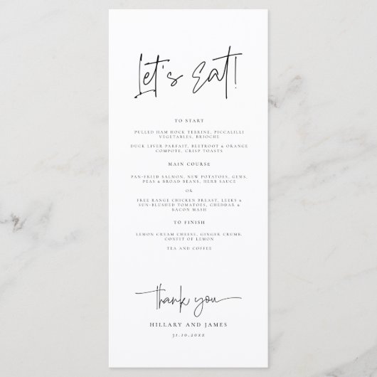 Laten we grillige kalligrafie eten moderne bruilof menu (Voorkant)