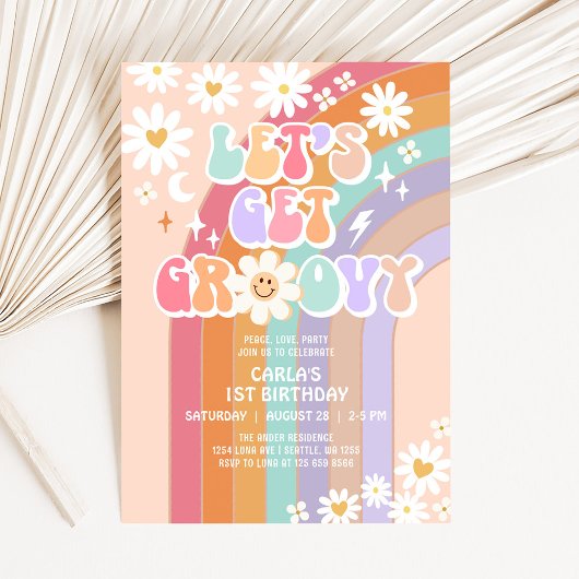Laten we Groovy Daisy Rainbow Retro Verjaardag hal Kaart