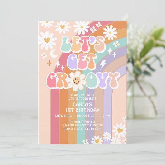 Laten we Groovy Daisy Rainbow Retro Verjaardag hal Kaart (Staand voorkant)