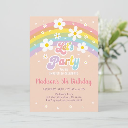 Laten we Groovy Daisy Rainbow verjaardag vieren Kaart (Staand voorkant)