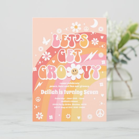 Laten we Groovy Hippie Rainbow 70s Birthday Party  Kaart (Staand voorkant)
