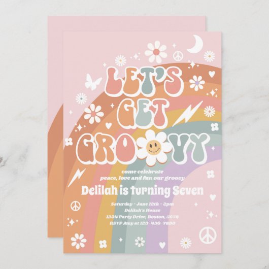 Laten we Groovy Hippie Rainbow 70s Birthday Party  Kaart (Voorkant / Achterkant)