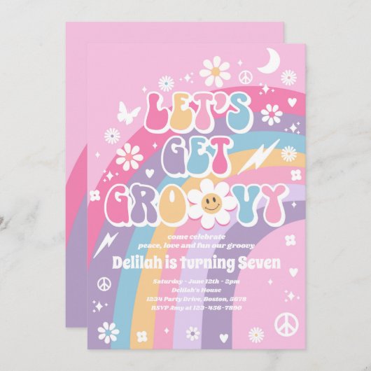 Laten we Groovy Hippie Rainbow 70s Birthday Party Kaart (Voorkant / Achterkant)