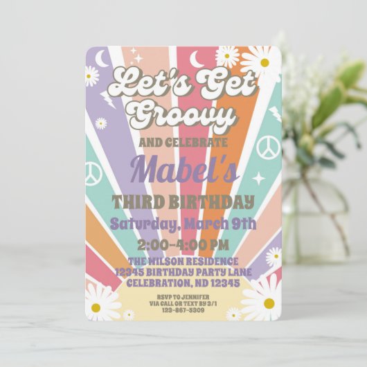 Laten we Groovy Hippy Sun en Daisy Girls Birthday  Kaart (Staand voorkant)