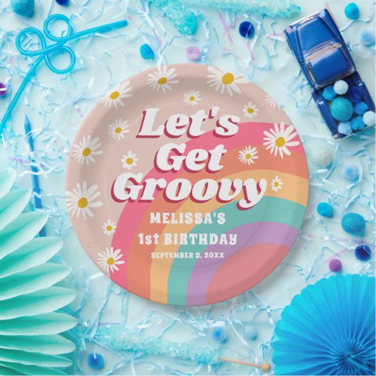 Laten we Groovy Kleurrijke Rainbow & Daisy verjaar Papieren Bordje (Feest)