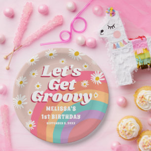 Laten we Groovy Kleurrijke Rainbow & Daisy verjaar Papieren Bordje
