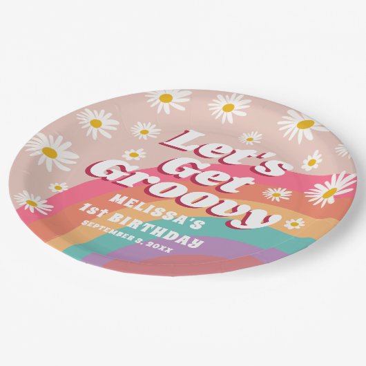 Laten we Groovy Kleurrijke Rainbow & Daisy verjaar Papieren Bordje (Gekanteld)