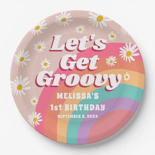 Laten we Groovy Kleurrijke Rainbow & Daisy verjaar Papieren Bordje (Voorkant)
