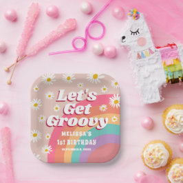 Laten we groovy kleurrijke regenboog daisy verjaar papieren bordje