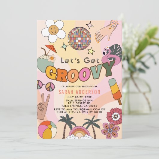 Laten we Groovy Retro Bachelorette Party halen Kaart (Staand voorkant)