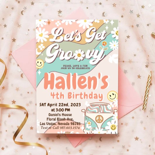 Laten we Groovy Retro Boho Daisy Rainbow Birthday Kaart