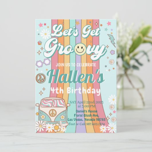 Laten we Groovy Retro Boho Daisy Rainbow Birthday Kaart (Staand voorkant)