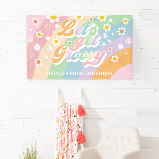 Laten we Groovy Retro Daisy verjaardagsfeestje nem Spandoek (Insitu)