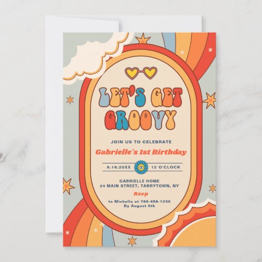 Laten we Groovy Retro Rainbow 1e verjaardagsfeestj Kaart (Voorkant)