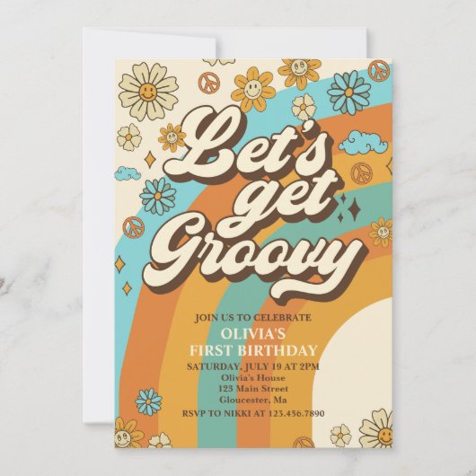 Laten we Groovy Retro Rainbow 1e verjaardagsfeestj Kaart (Voorkant)