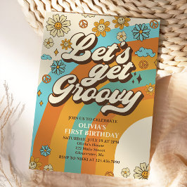 Laten we Groovy Retro Rainbow 1e verjaardagsfeestj Kaart