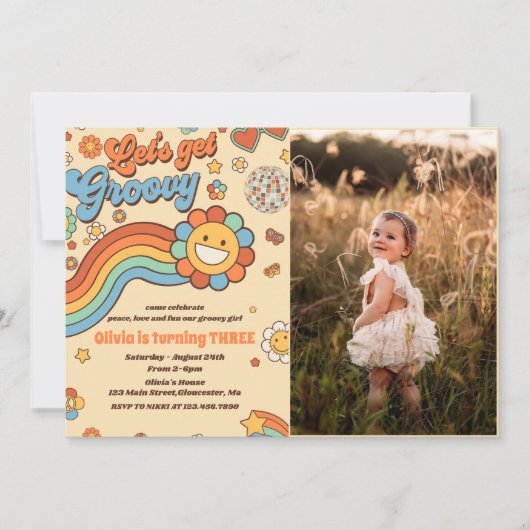 Laten we Groovy Retro Rainbow 3e verjaardag foto Kaart (Voorkant)