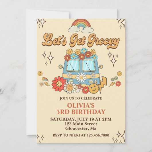Laten we Groovy Retro Rainbow 3e verjaardag krijge Kaart (Voorkant)