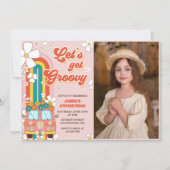 Laten we Groovy Retro Rainbow 6th Birthday Foto Kaart (Voorkant)