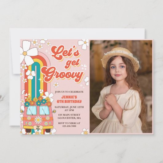 Laten we Groovy Retro Rainbow 6th Birthday Foto Kaart (Voorkant)