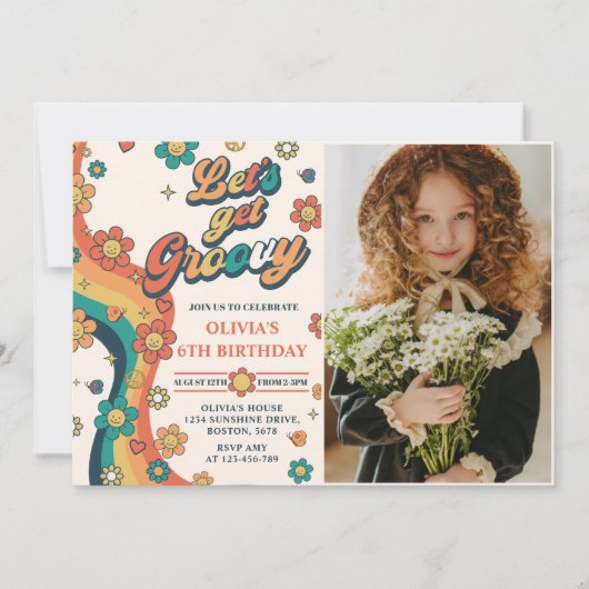 Laten we Groovy Retro Rainbow 6th Birthday Foto Kaart (Voorkant)