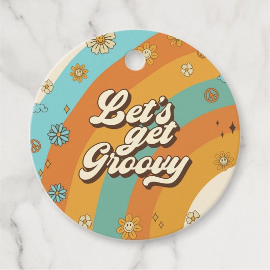 Laten we Groovy Retro Regenboog 1e Verjaardag hale Bedankjes Labels (Voorkant)