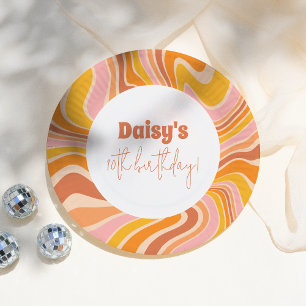 Laten we groovy roze retro meisje verjaardagsfeest papieren bordje